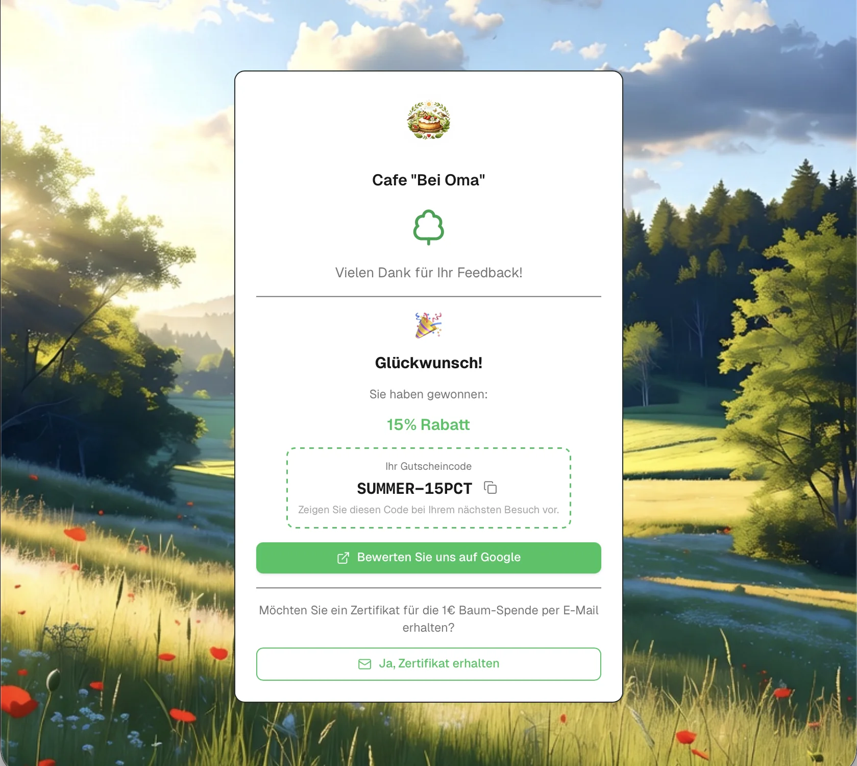 Seedback Gutschein-Bildschirm: Kunden erhalten einen Rabattcode nach ihrer Bewertung und können ein Baum-Zertifikat anfordern